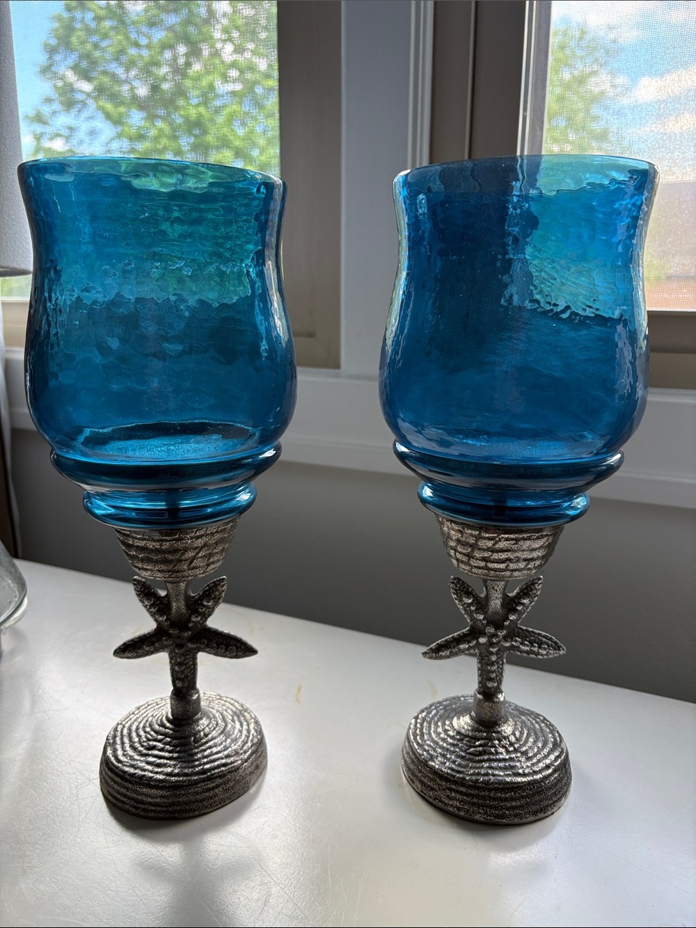 Pier 1 Pair of Ocean Blue Glass Hurricane Starfish Cast Metal Candle Holders